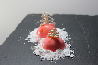 White chocolate mousse with red mirror glaze