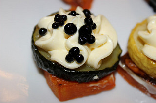 Roasted zucchini and squash with horseradish mayo and Balsamic vinegar pearls
